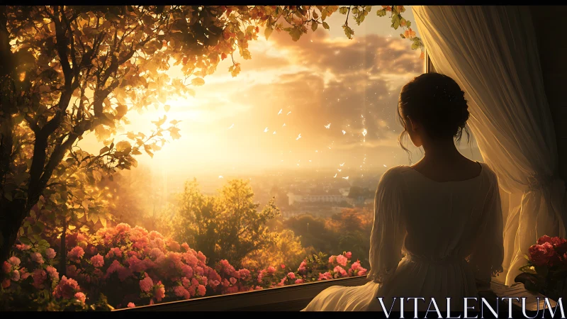 Golden evening window view welcomes quiet hopeful dreams