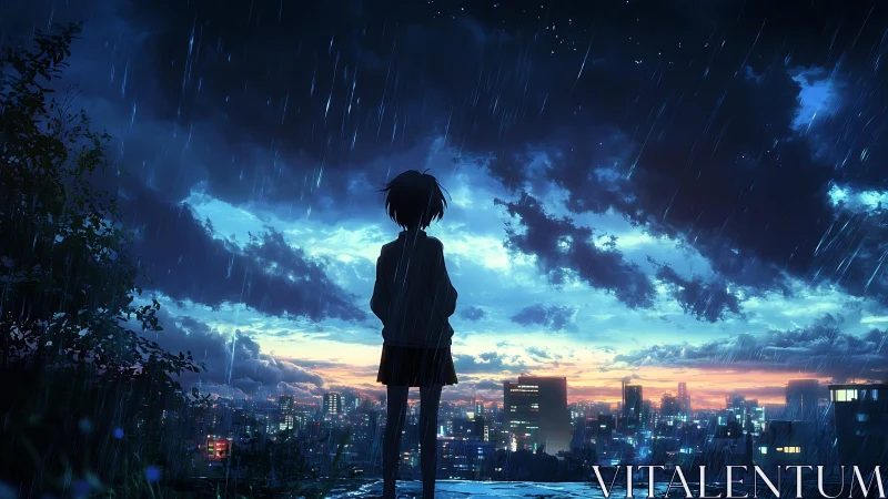 Solitary silhouette over rain-soaked twilight cityscape.