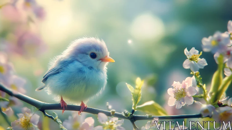 Small Blue Bird Perched on Flowering Branch