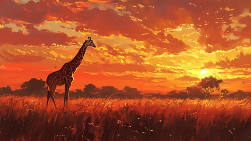 Solitary giraffe in radiative savanna sunset color field.