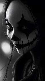 Shadowed skull-painted face glows softly in silver light