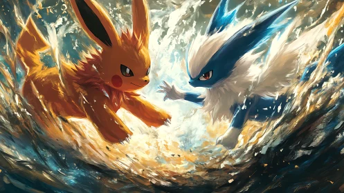 Electric fox duel ignites swirling storm of water and flame.