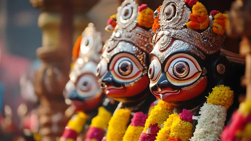Row of decorated wooden ritual deity heads with garlands.