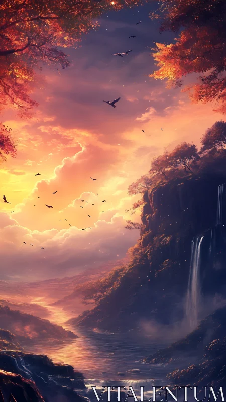 Sunlit canyon river beneath flaming autumn skyline.