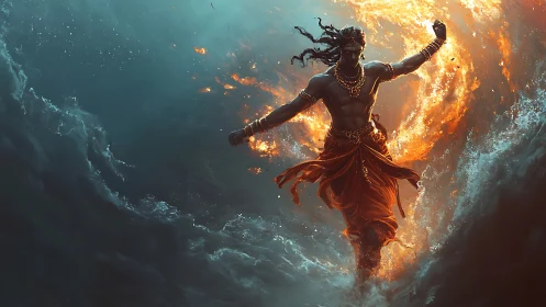 Mythic fire deity striding through storm-torn ocean panorama.