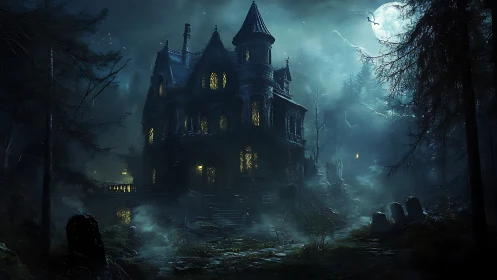 Gothic mansion stands in misty forest beside grave markers