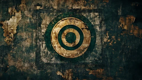 Aged concentric target emblem glows from distressed metal wall