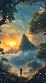 Solitary adventurer facing misty mountain at sunrise.