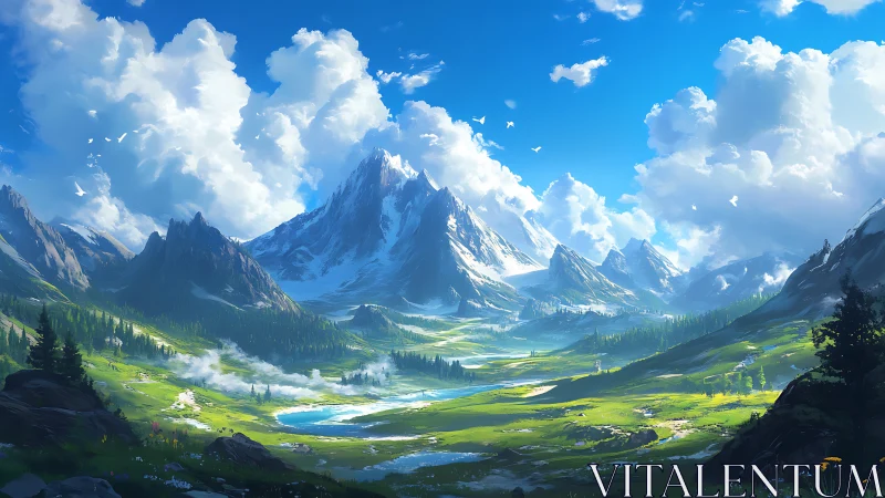 Glaciated alpine basin with volumetric clouds and riverscape dynamics.