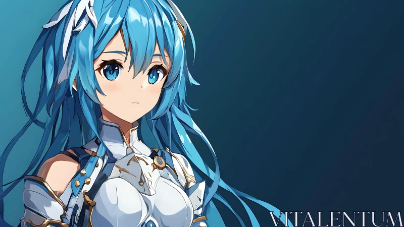 Blue-haired anime warrior gazes calmly into the distance.