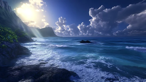 Sunlit coastal cliffscape with volumetric clouds and surf dynamics