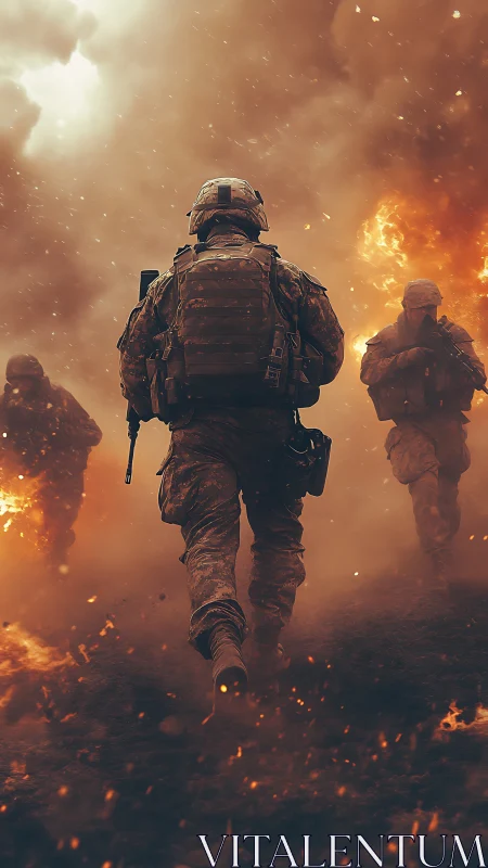 Brave soldiers walk forward through fire, smoke, and chaos