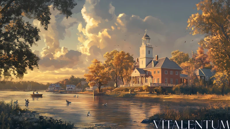 Autumn riverside chapel under golden sunset sky panorama.