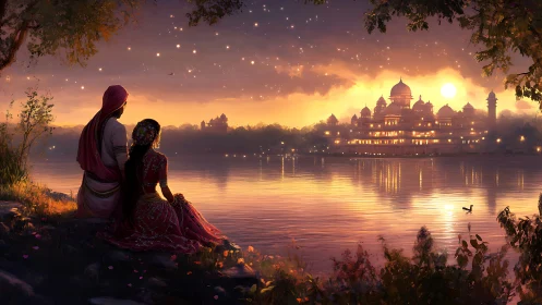 Twilight couple observing illuminated riverside palace skyline.