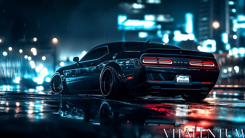 Midnight muscle car prowling neon rain-drenched city streets.