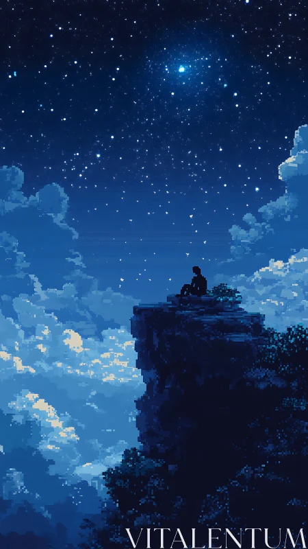 Solitary pixel figure on cliff edge beneath dense starfield