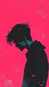 Neon silhouette of pensive youth against electric pink field.