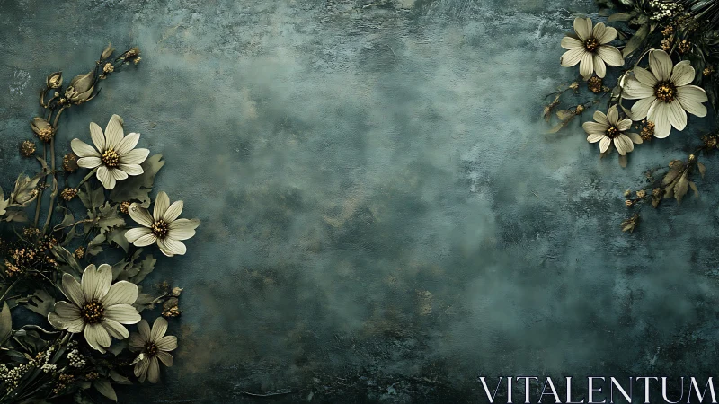 Vintage Daisies on Weathered Teal Surface with Golden Botanical Elements.