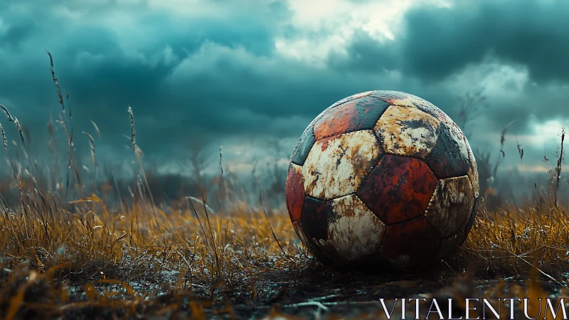 Weathered soccer ball rests on wet grass under dense clouds