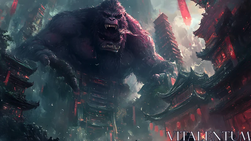 Giant gorilla towering over burning neon cityscape.