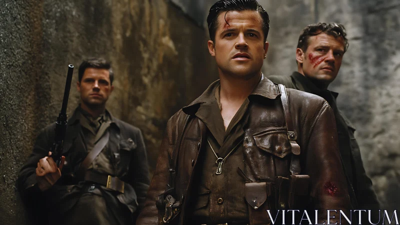 Three uniformed men stand in narrow alley in wartime gear