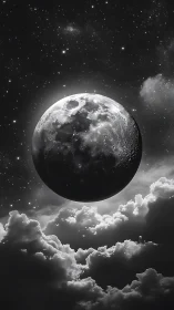 Luminous moon hangs above clouds in a star-swept sky.