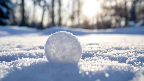 Snowball resting on sunlit sparkling winter field.