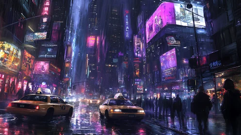 Rainy neon city street with taxis and crowded sidewalks.