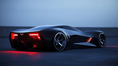 Midnight black concept supercar with neon rear lighting.
