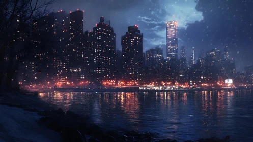 Snowy winter city skyline glows across reflective river