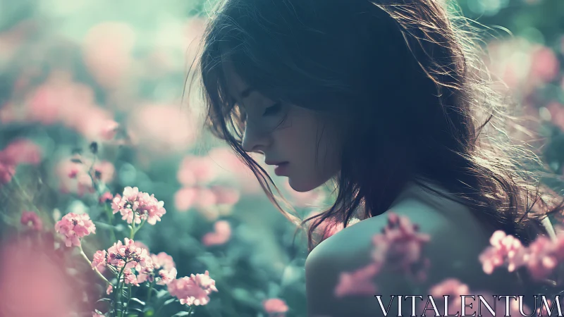 Backlit female profile amid shallow-focus pink wildflowers