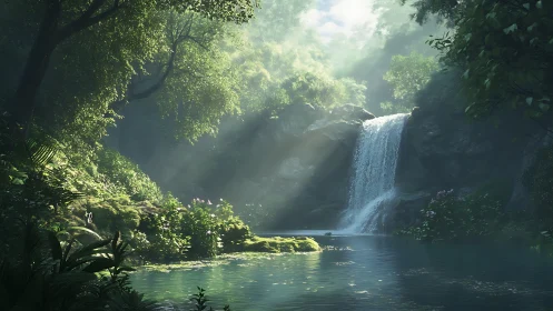 Lush jungle waterfall catching soft morning sunbeams.
