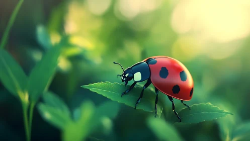 Sunlit ladybug voyage across emerald garden leaves.