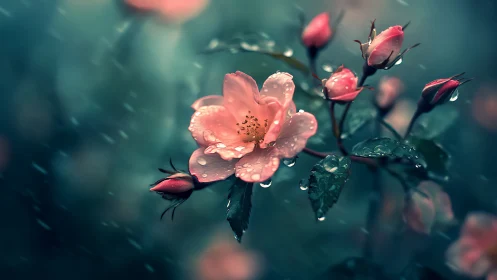 Pink roses with water droplets glistening against moody teal backdrop