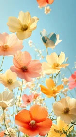Sunlit cosmos flowers demonstrating chromatic variance and aperture illumination.