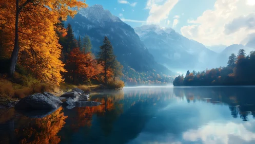 Digital painting of autumn lake with misty alpine mountainscape.