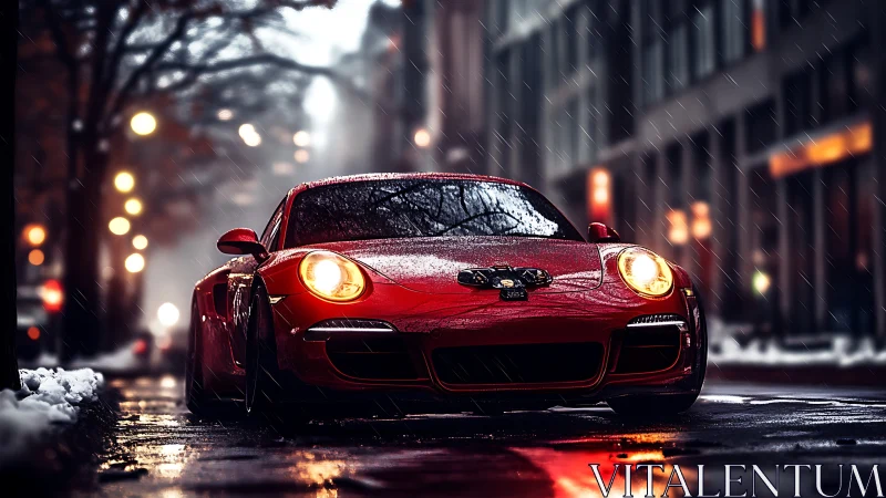 Photorealistic red sports car in cinematic urban rain scene.