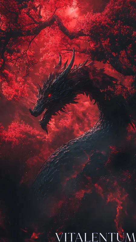 Infernal obsidian dragon coils beneath a blood-red forest sky