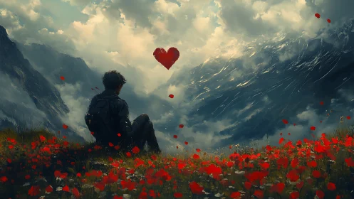 Solitary wanderer gazes upon crimson meadow and floating heart above alpine valley.