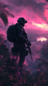 Lone soldier studies neon jungle valley under stormy dusk
