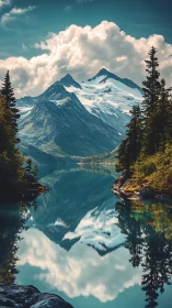 Quiet alpine lake cradling mirrored snow capped mountains.
