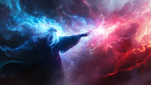 Wizard figure extends arm between blue and red nebulae