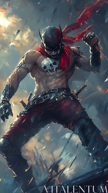 Scarred rogue under stormlit skies holds quiet, fierce resolve.