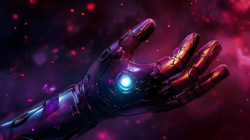 Chrome robotic hand with glowing core in space scene.