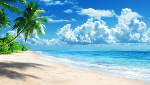 Tropical Beach Paradise with Palm Tree and Turquoise Waters