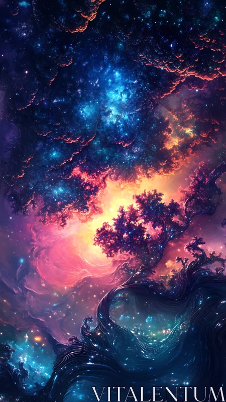 Starlit cosmic forest swirling around a glowing sky portal.