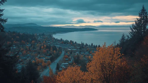 Moody coastal townscape rendered in cool cinematic tonality