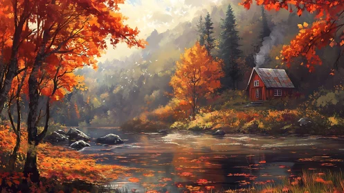 Riverside autumn cabin glowing beneath a whispering forest.