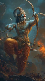 Blue-skinned archer deity in dynamic mythological battle scene.