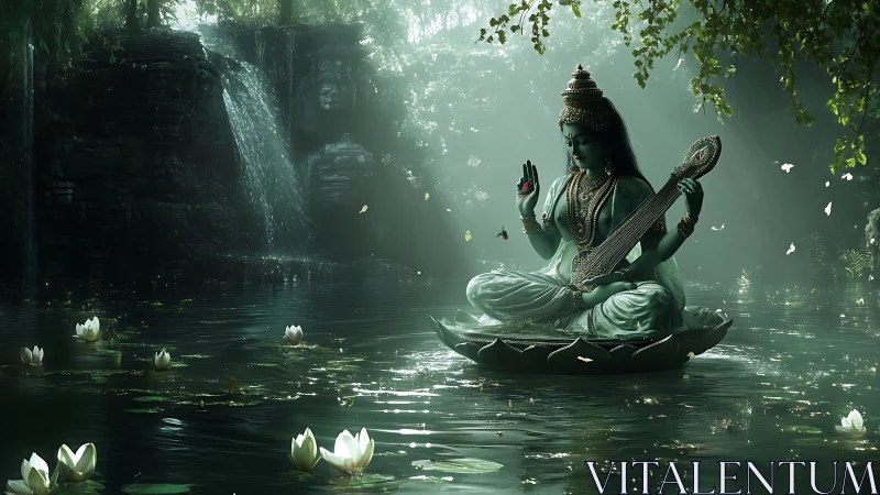 Divine lotus goddess meditating on tranquil forest lake.